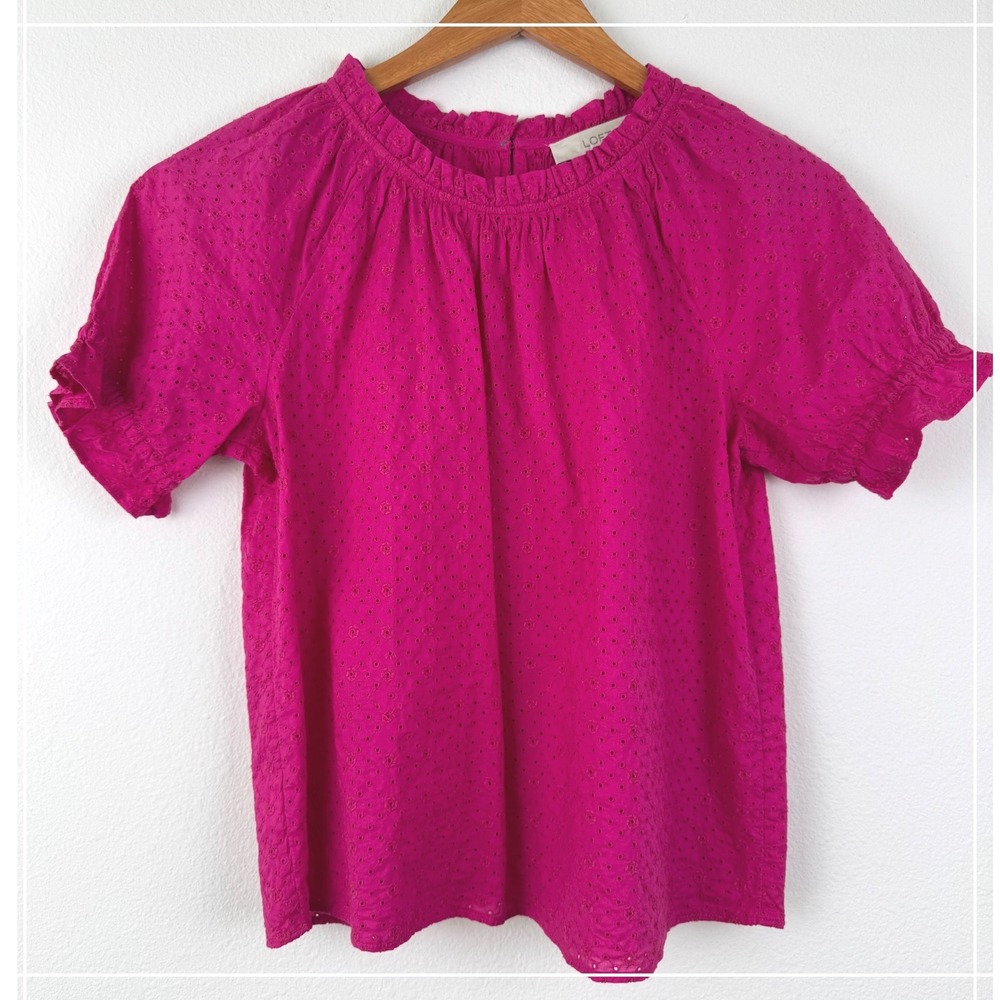 LOFT Eyelet Blouse Women XSP Pink Excellent Ruffle Neck Puff Sleeve Cotton Top